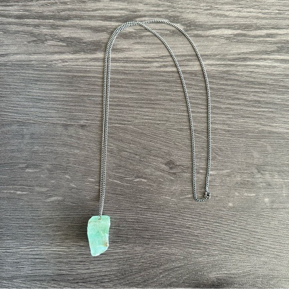Green gemstone long chain necklace